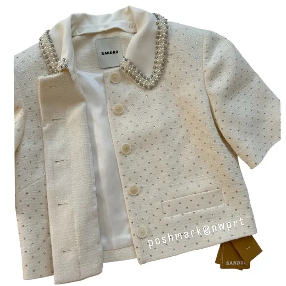 NWT 💯 SANDRO Paris Lahavane Rhinestone Crop Blazer Jacket Blouse Top 34 0 XS - Picture 6 of 13